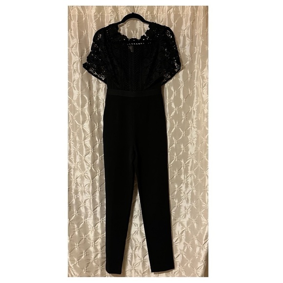 Self-Portrait Black Serena Guipure Lace Crepe Jumpsuit Crochet Pants Set - Picture 4 of 16